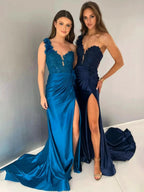 Mandel|Red One-Shoulder 3D Floral Lace Pleated Long Gown with Slit by KissProm