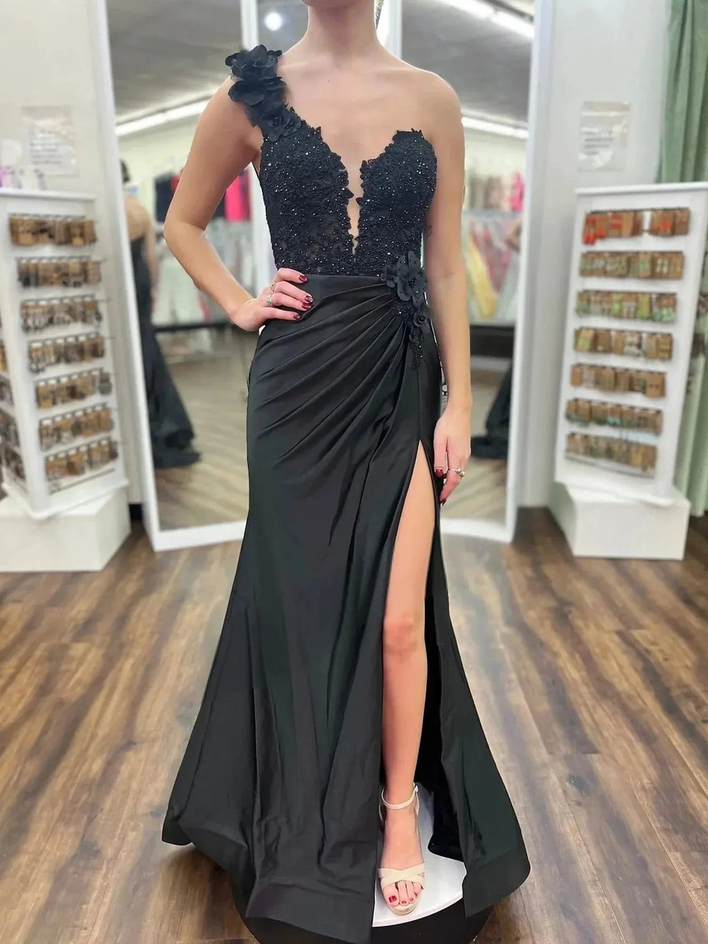 Mandel|Red One-Shoulder 3D Floral Lace Pleated Long Gown with Slit by KissProm