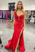 Mandel|Red One-Shoulder 3D Floral Lace Pleated Long Gown with Slit by KissProm