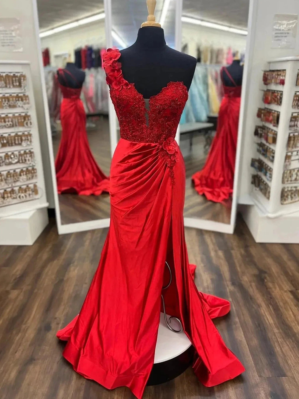 Mandel|Red One-Shoulder 3D Floral Lace Pleated Long Gown with Slit by KissProm