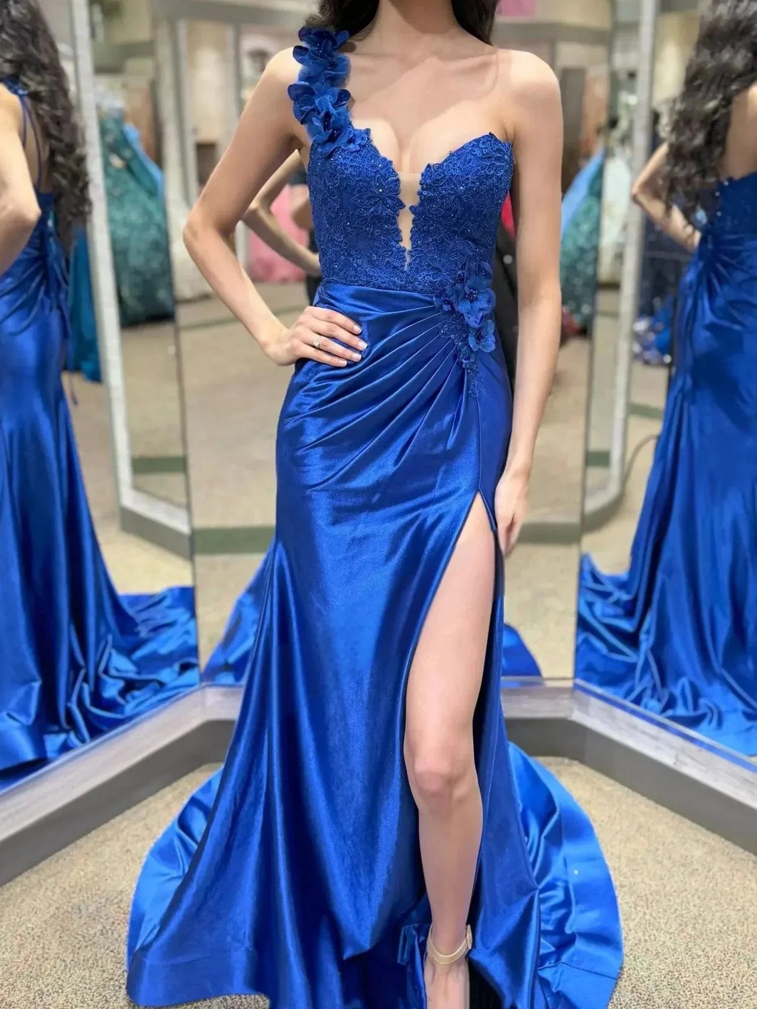 Mandel|Red One-Shoulder 3D Floral Lace Pleated Long Gown with Slit by KissProm