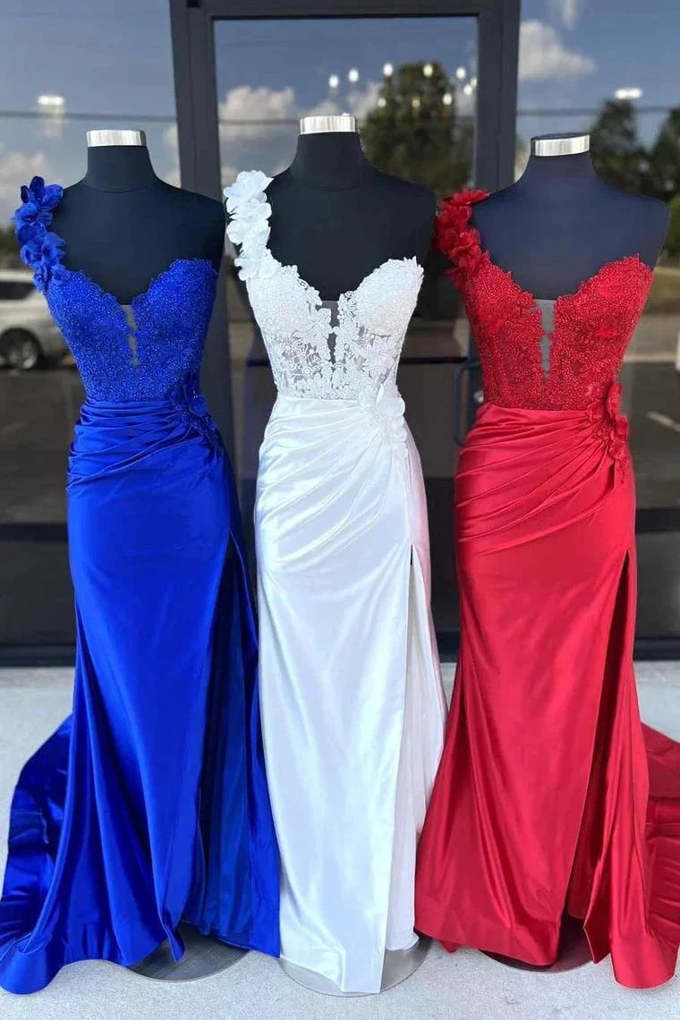 Mandel|Red One-Shoulder 3D Floral Lace Pleated Long Gown with Slit by KissProm