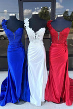 Mandel|Red One-Shoulder 3D Floral Lace Pleated Long Gown with Slit by KissProm