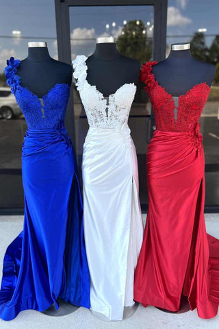 Mandel|Red One-Shoulder 3D Floral Lace Pleated Long Gown with Slit