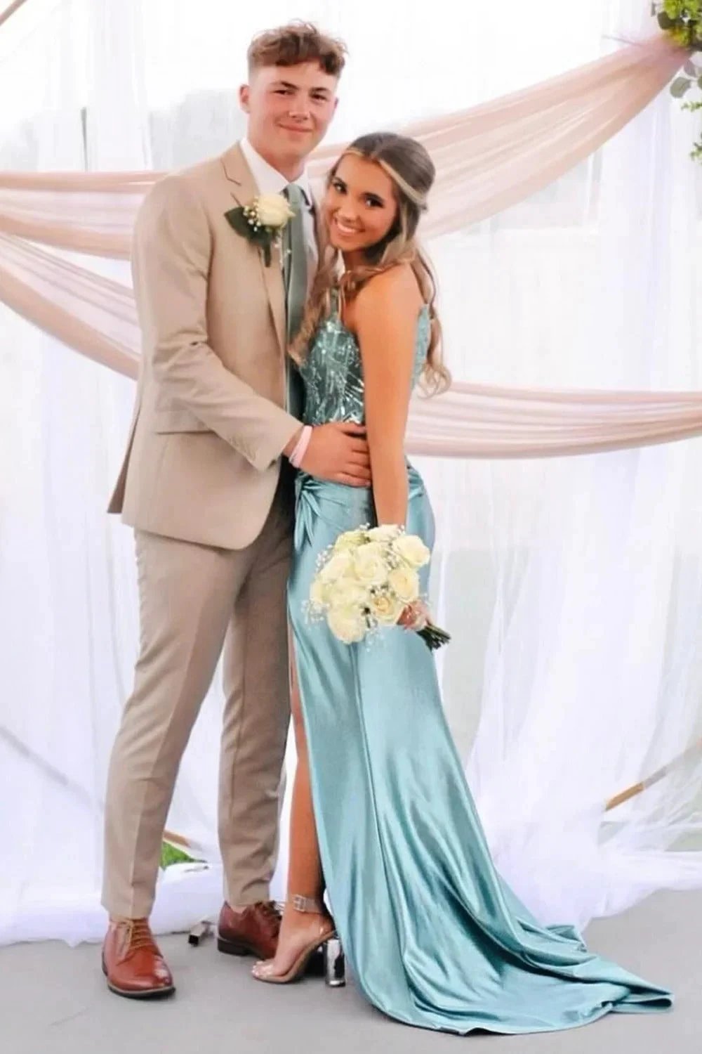 Marcia | Blue Spaghetti Straps Satin Mermaid Long Prom Dress With Beading by KissProm