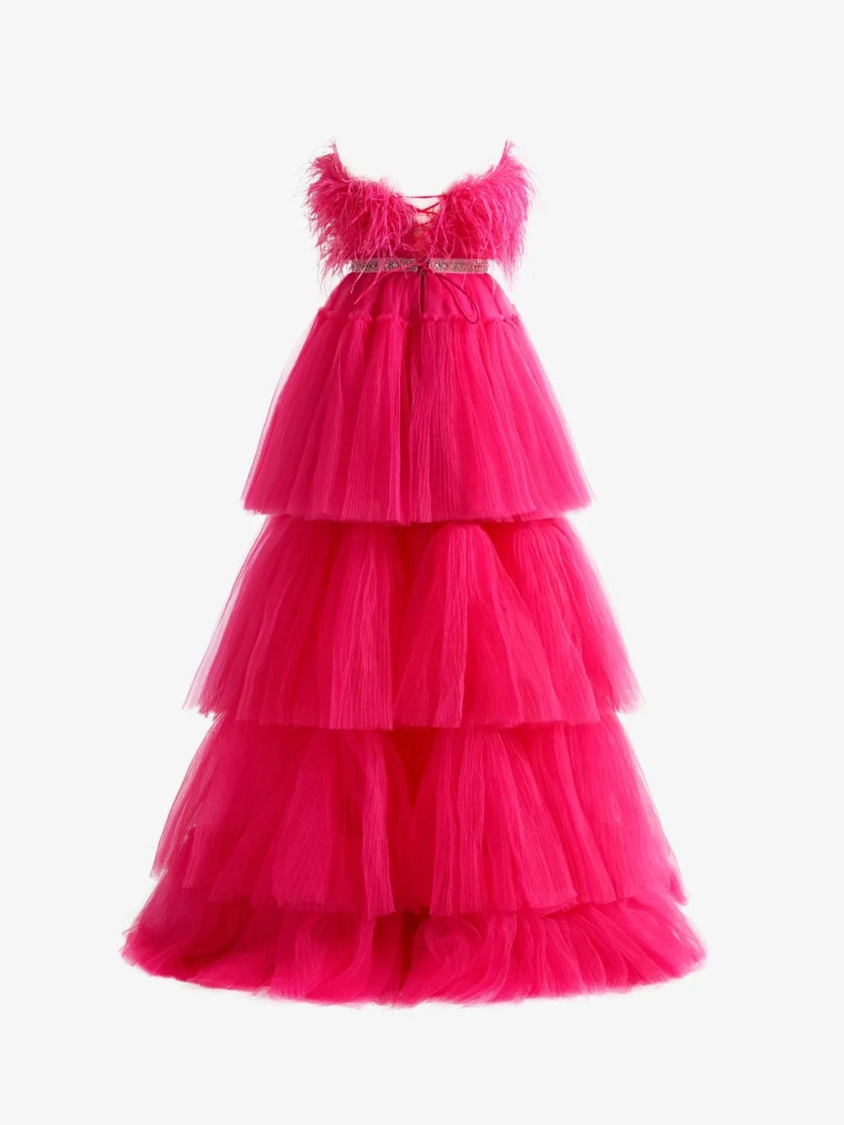 Marie| Fuchsia A-line High-Low Strapless Ruffled Tulle Prom Dress with Feathers by KissProm