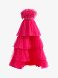 Marie| Fuchsia A-line High-Low Strapless Ruffled Tulle Prom Dress with Feathers by KissProm