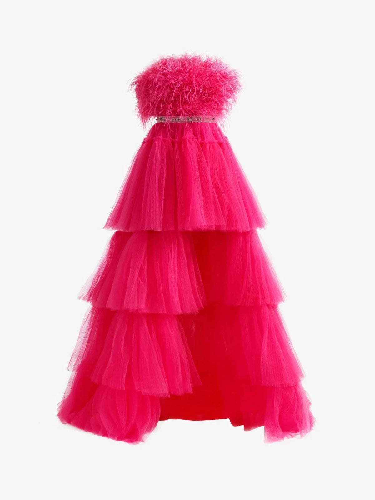 Marie| Fuchsia A-line High-Low Strapless Ruffled Tulle Prom Dress with Feathers by KissProm