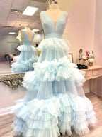 Marin | Sky Blue V Neck Ruffles A-line Tulle Prom Dress by KissProm