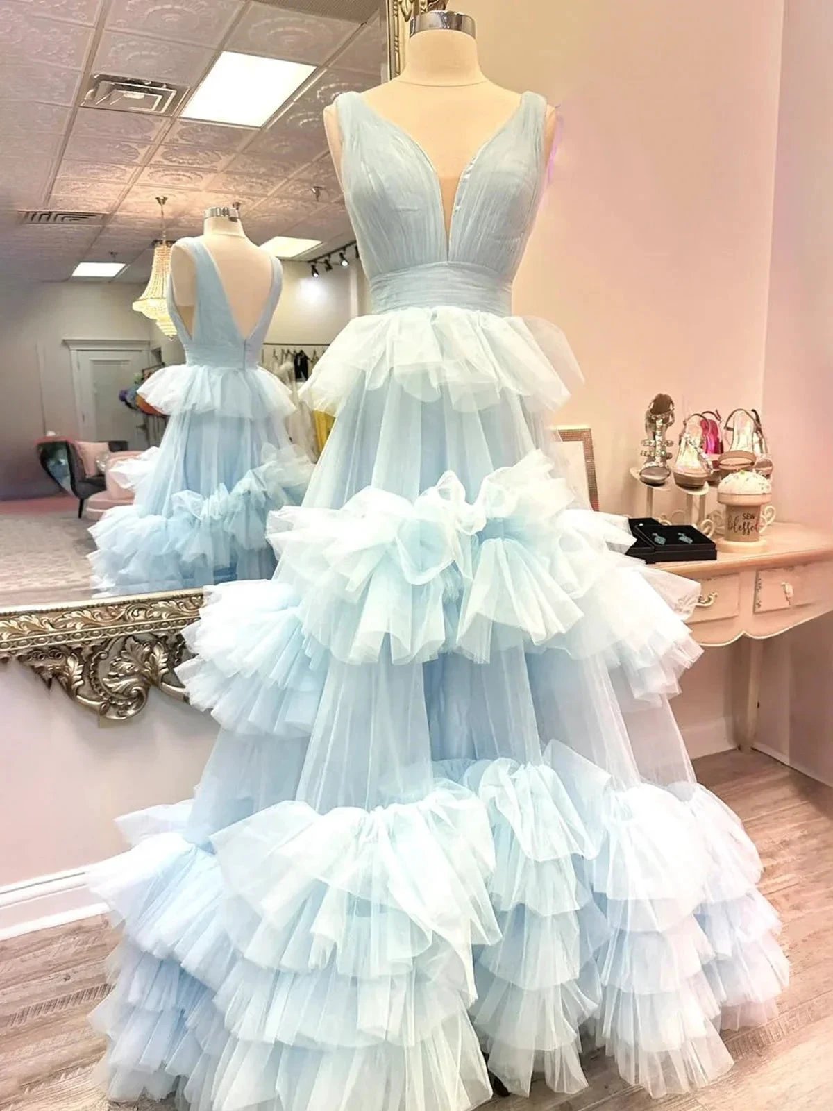 Marin | Sky Blue V Neck Ruffles A-line Tulle Prom Dress by KissProm