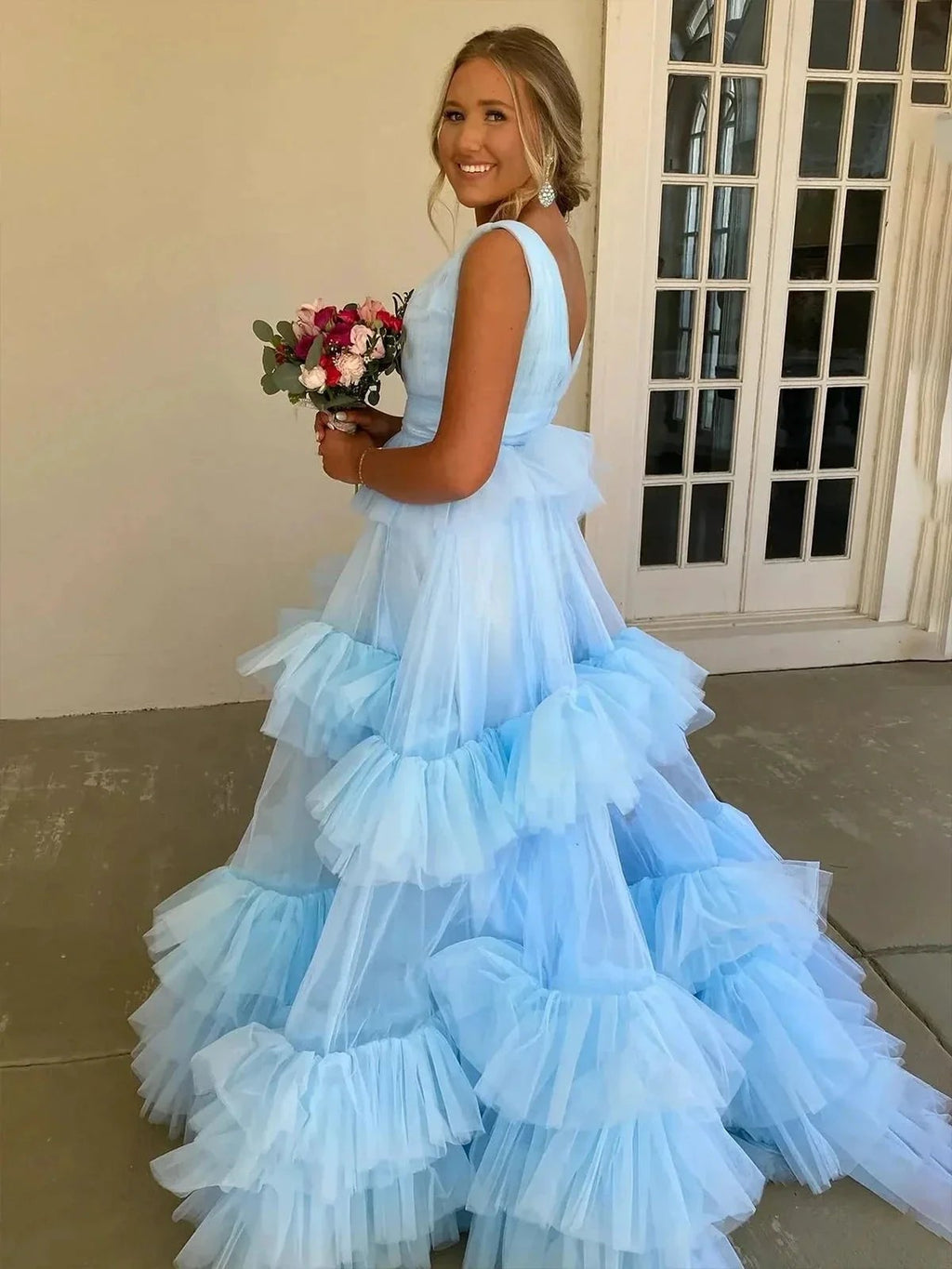 Marin | Sky Blue V Neck Ruffles A-line Tulle Prom Dress by KissProm