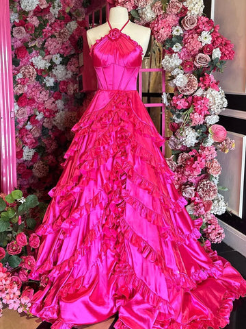 Markel | Fuchsia Neckholder-Ballkleid mit Stufenrüschen