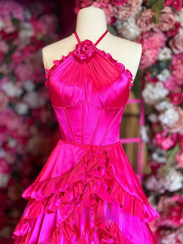 Markel | Fuchsia Neckholder-Ballkleid mit Stufenrüschen