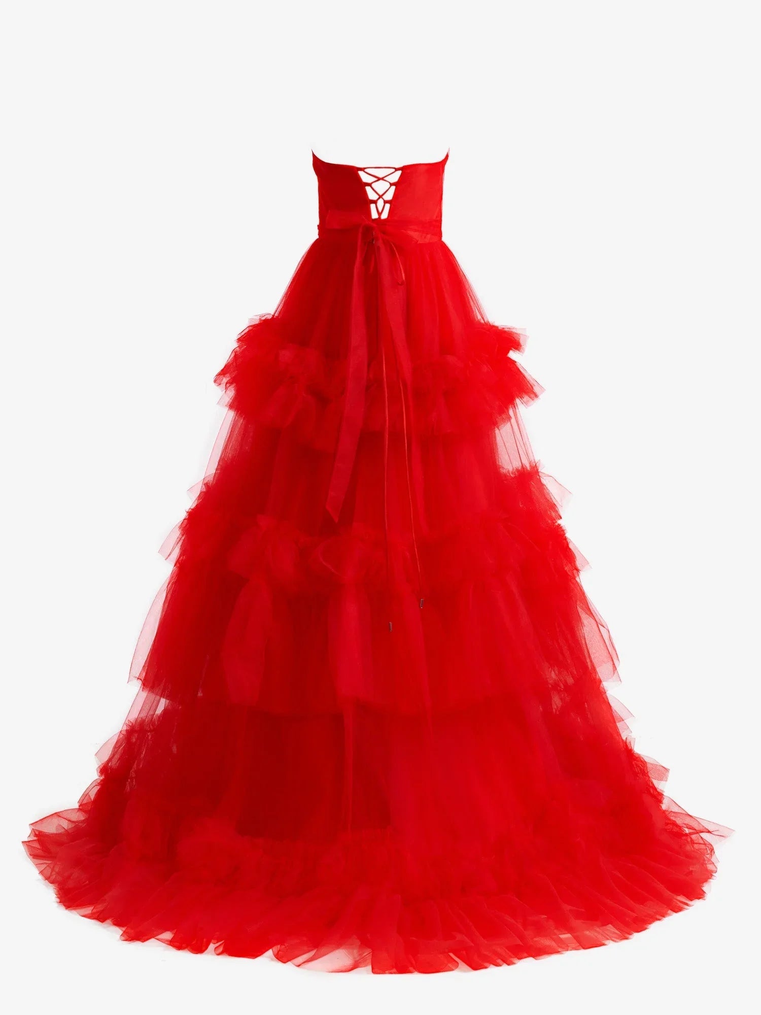 Matilda |Red A-Line Strapless Ruffled Tulle Evening Dress