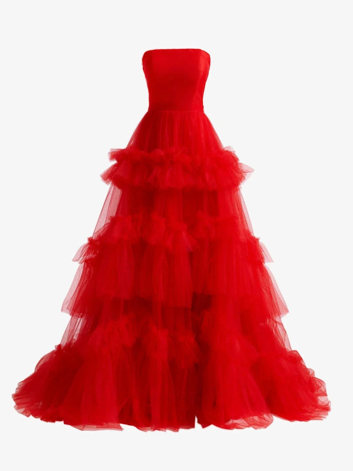 Matilda |A-Line Strapless Ruffled Tulle Prom Dress by KissProm