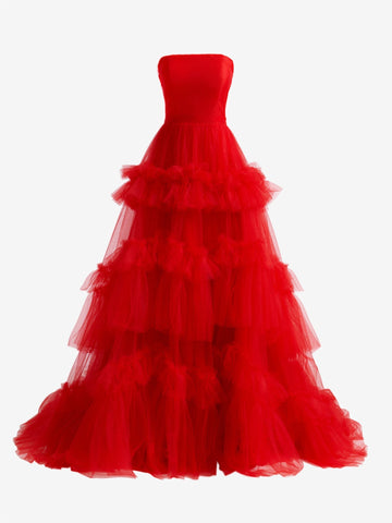 Matilda | Vestido de fiesta de tul con volantes y corte A sin tirantes