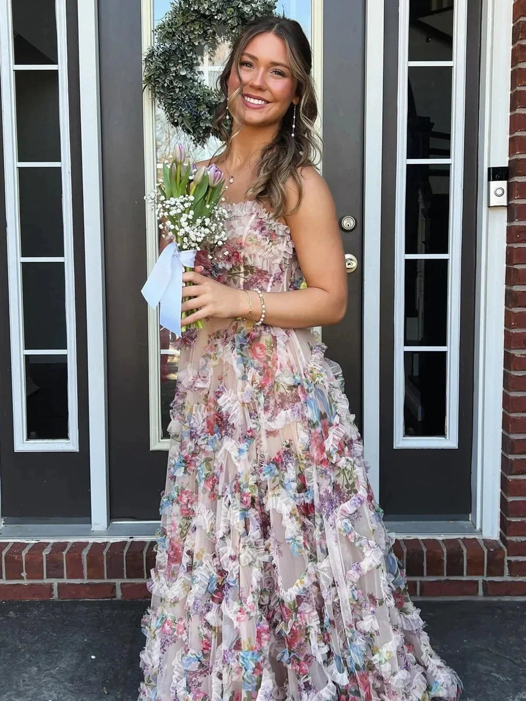 Maud | A-Line Strapless Floral Print Ruffle Long Prom Dress with Slit by KissProm
