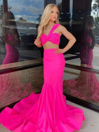 Maven | Hot Pink Two Piece One Shoulder Satin Mermaid Prom Dress by KissProm