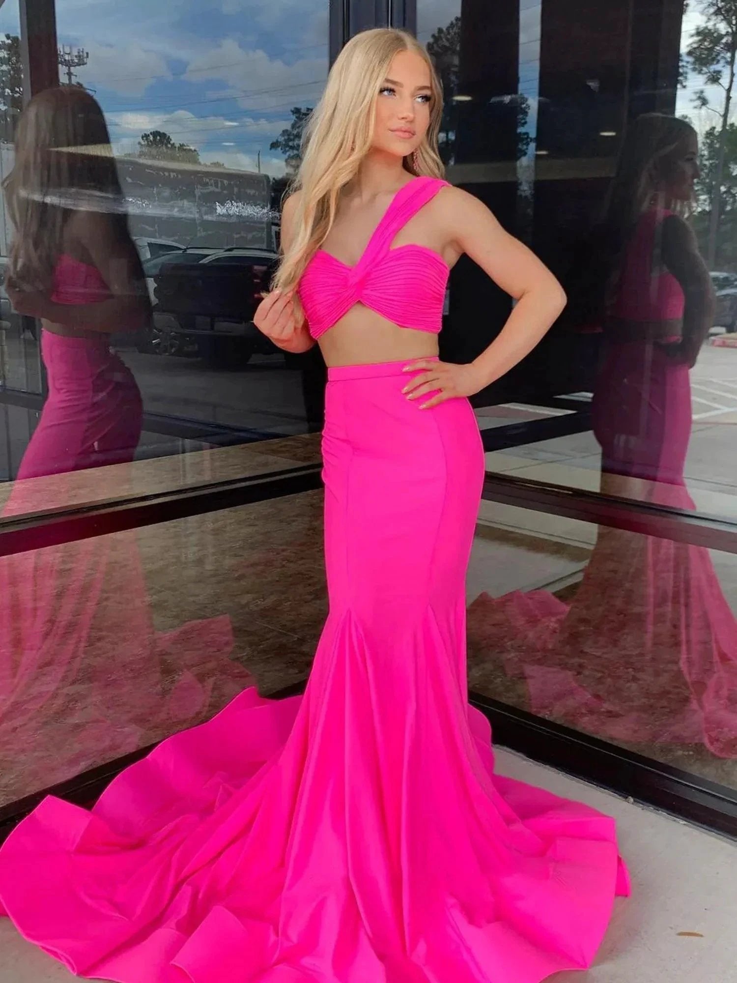 Maven | Hot Pink Two Piece One Shoulder Satin Mermaid Prom Dress by KissProm