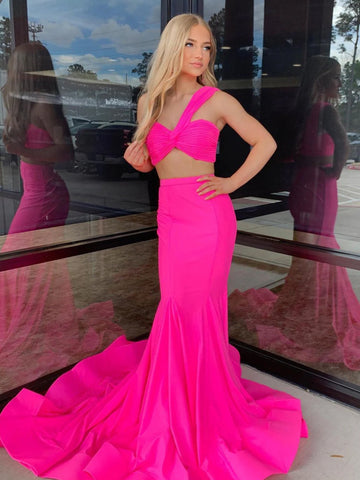 Maven | Hot Pink Two Piece One Shoulder Satin Mermaid Prom Dress