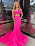 Maven | Hot Pink Two Piece One Shoulder Satin Mermaid Prom Dress by KissProm
