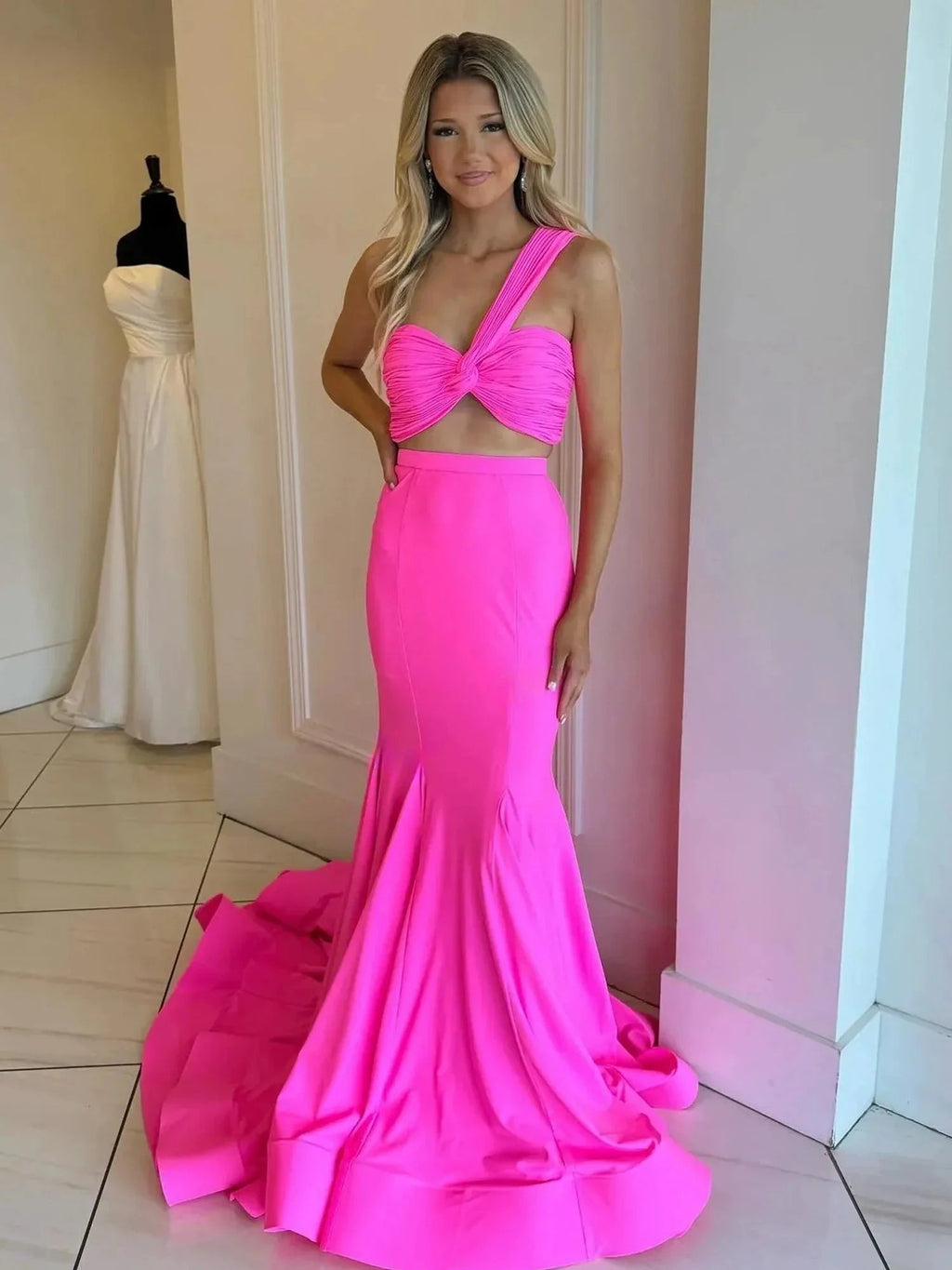 Maven | Hot Pink Two Piece One Shoulder Satin Mermaid Prom Dress by KissProm