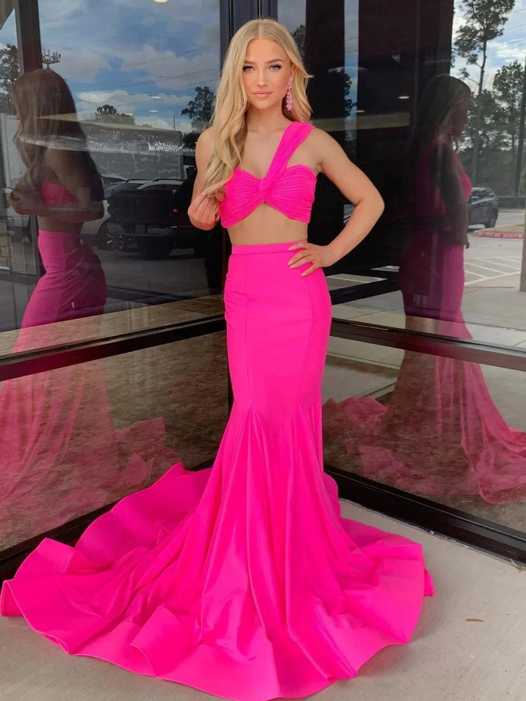 Maven | Hot Pink Two Piece One Shoulder Satin Mermaid Prom Dress by KissProm