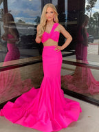 Maven | Hot Pink Two Piece One Shoulder Satin Mermaid Prom Dress by KissProm
