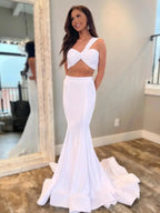 Maven | Hot Pink Two Piece One Shoulder Satin Mermaid Prom Dress by KissProm