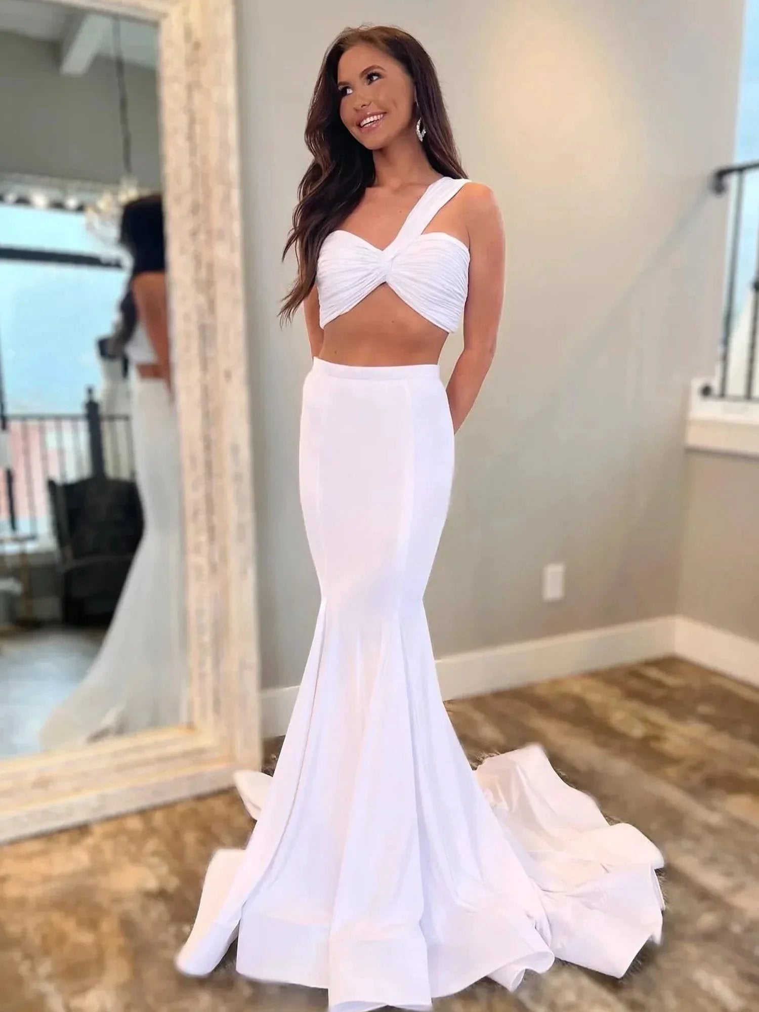 Maven | Hot Pink Two Piece One Shoulder Satin Mermaid Prom Dress by KissProm