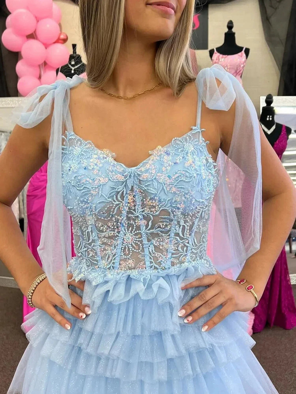 Maylie | Sky Blue Sequines A-line Tulle Prom Dress With Appliques by KissProm