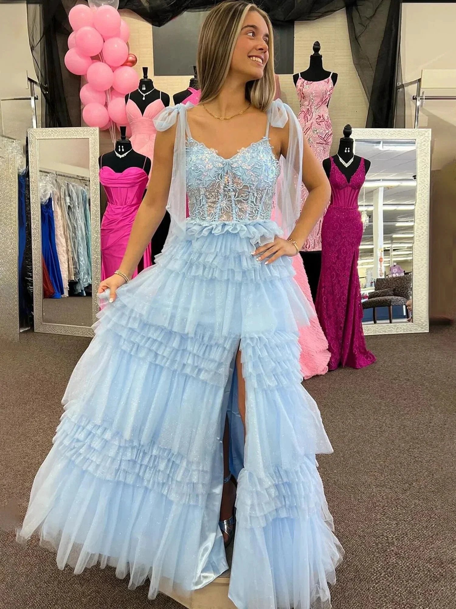 Maylie | Sky Blue Sequines A-line Tulle Prom Dress With Appliques by KissProm