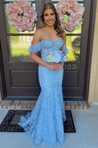 Mckail | Blue Floral Lace Off-the-Shoulder Ruffle Long Prom Dress by KissProm