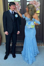 Mckail | Blue Floral Lace Off-the-Shoulder Ruffle Long Prom Dress by KissProm