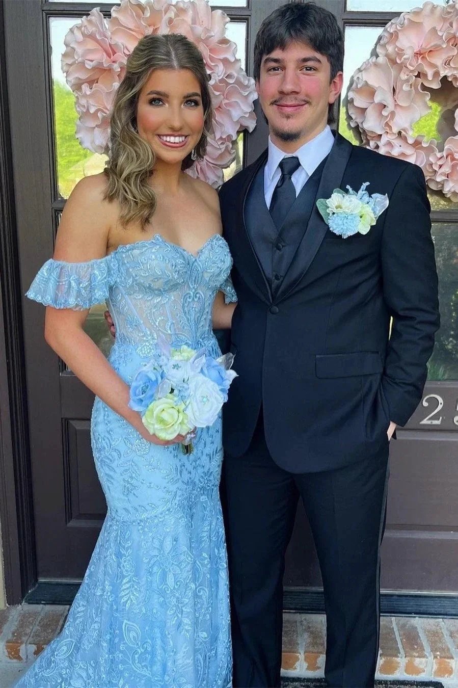 Mckail | Blue Floral Lace Off-the-Shoulder Ruffle Long Prom Dress by KissProm