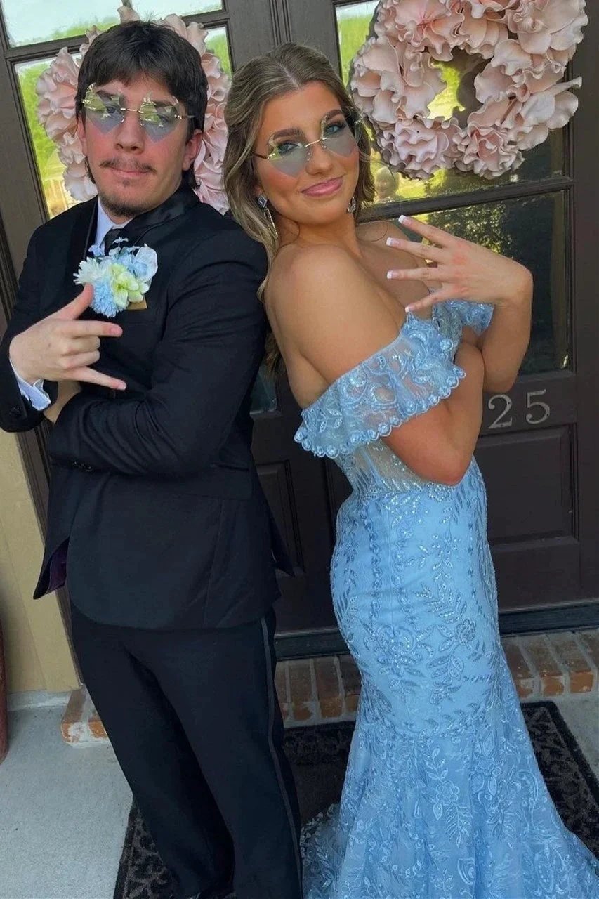 Mckail | Blue Floral Lace Off-the-Shoulder Ruffle Long Prom Dress by KissProm