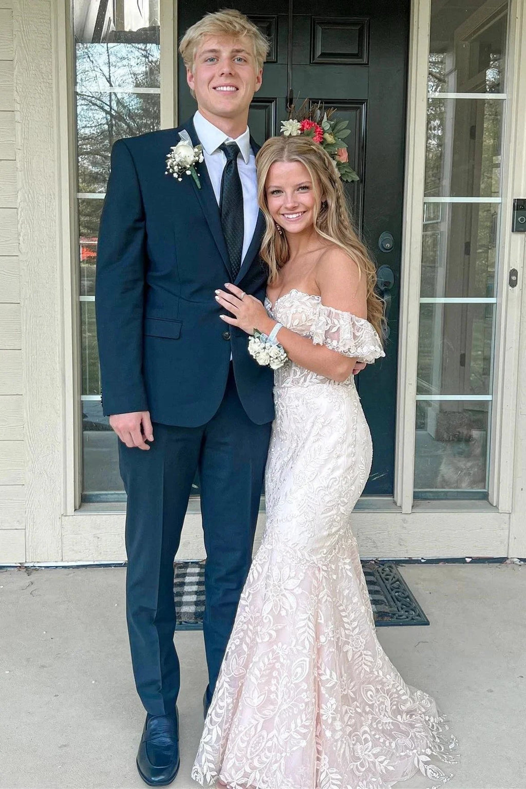 Mckail | Blue Floral Lace Off-the-Shoulder Ruffle Long Prom Dress by KissProm