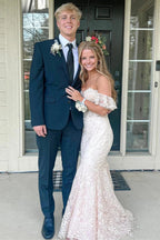 Mckail | Blue Floral Lace Off-the-Shoulder Ruffle Long Prom Dress by KissProm