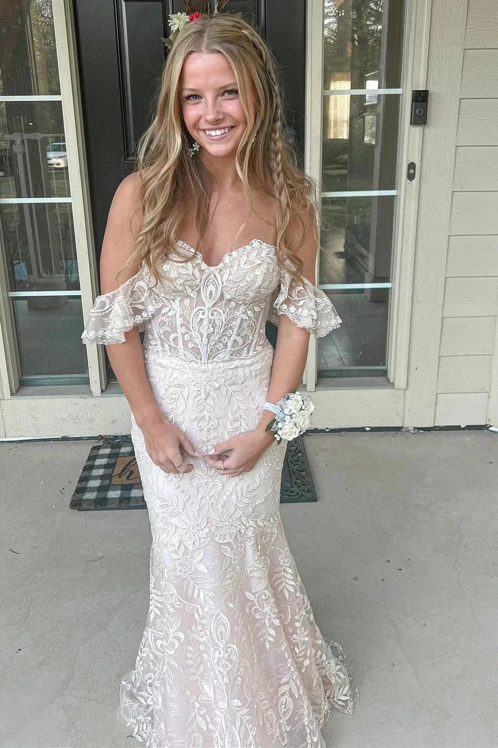 Mckail | Blue Floral Lace Off-the-Shoulder Ruffle Long Prom Dress by KissProm