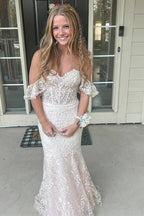 Mckail | Blue Floral Lace Off-the-Shoulder Ruffle Long Prom Dress by KissProm