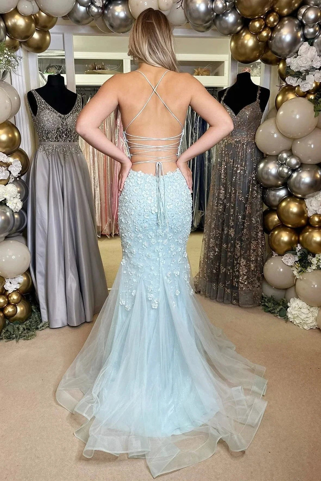 Vada | Light Blue Floral Appliques V-Neck Lace-Up Long Gown by KissProm