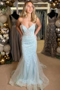 Vada | Light Blue Floral Appliques V-Neck Lace-Up Long Gown by KissProm