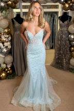 Vada | Light Blue Floral Appliques V-Neck Lace-Up Long Gown by KissProm