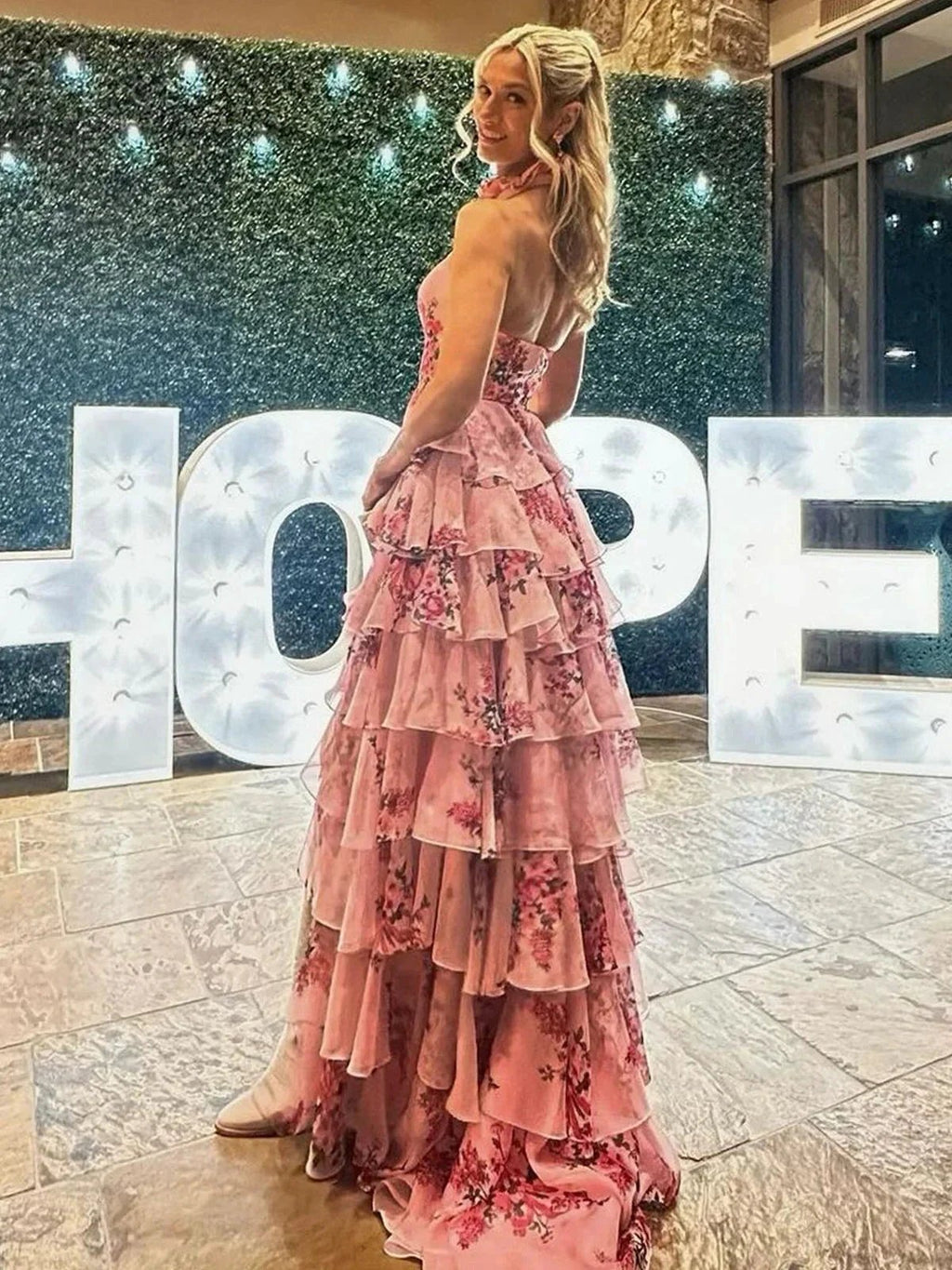 Melinda | Pink A Line Hatler Floral Chiffon Tiered Long Prom Dress by KissProm