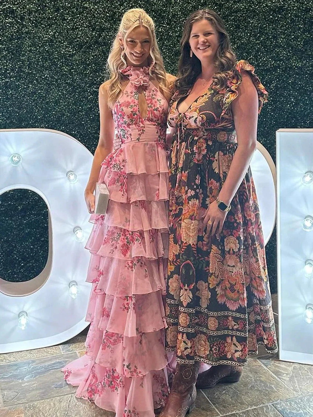 Melinda | Pink A Line Hatler Floral Chiffon Tiered Long Prom Dress by KissProm