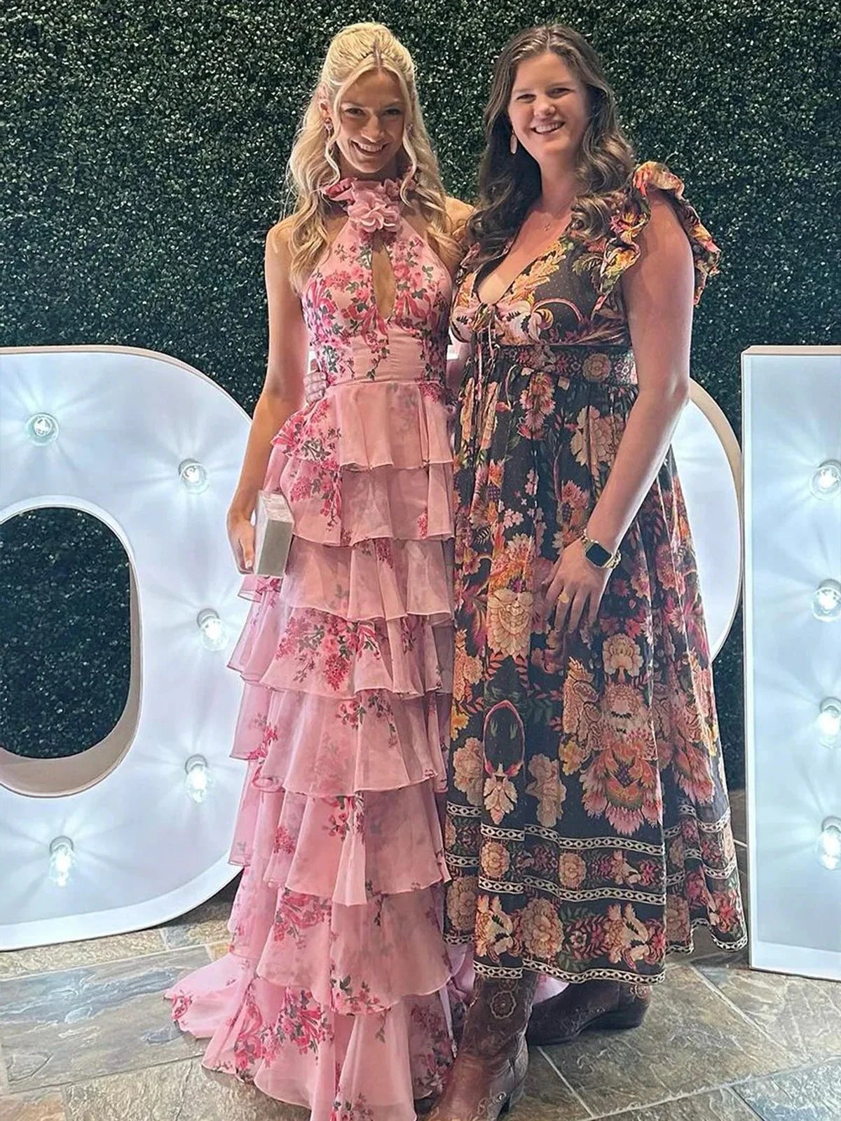 Melinda | Pink A Line Hatler Floral Chiffon Tiered Long Prom Dress by KissProm