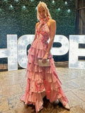 Melinda | Pink A Line Hatler Floral Chiffon Tiered Long Prom Dress by KissProm