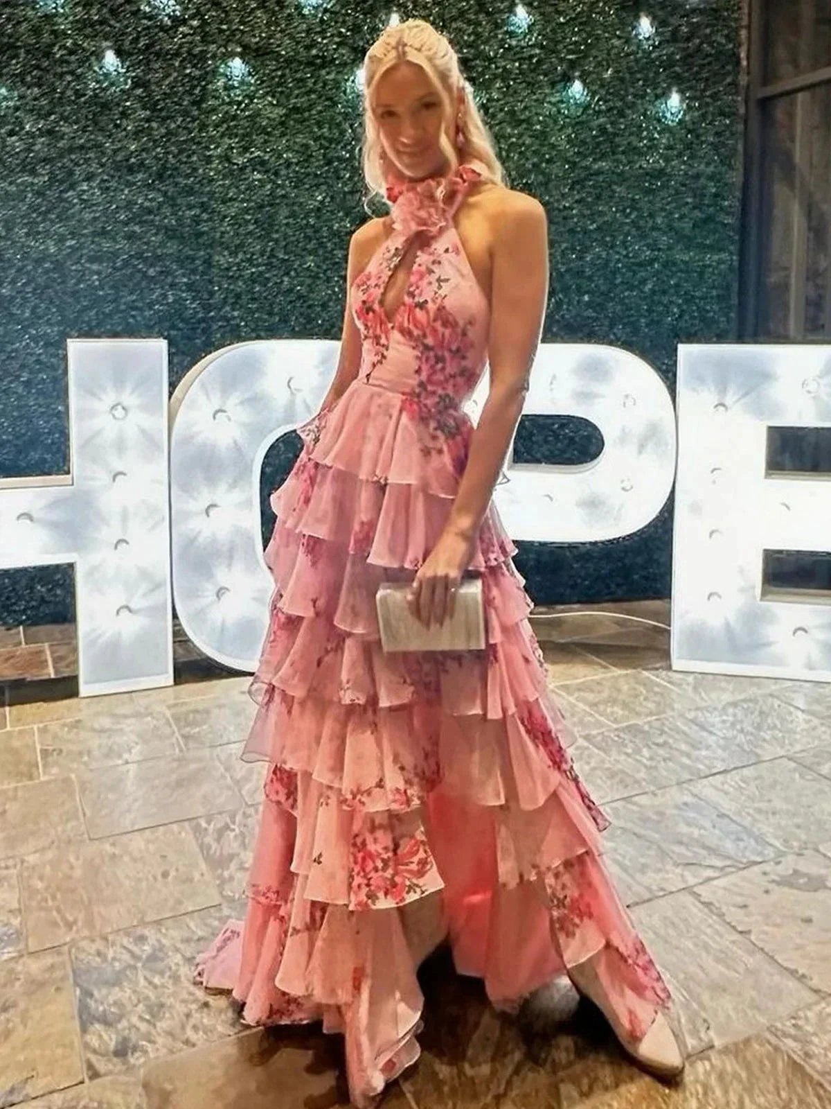 Melinda | Pink A Line Hatler Floral Chiffon Tiered Long Prom Dress by KissProm