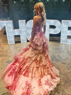 Melinda | Pink A Line Hatler Floral Chiffon Tiered Long Prom Dress by KissProm