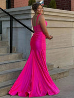 Melo | Straps Hot Pink Pleated Mermaid Prom Dress with Slit by KissProm